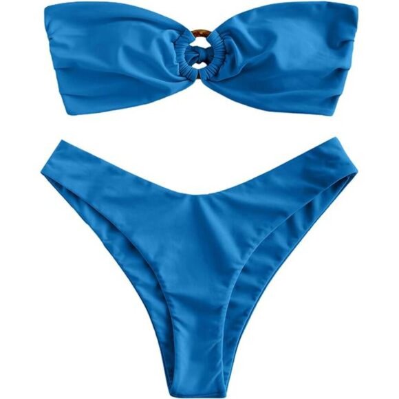 Strapless O Ring Bandeau Bikini Set High Cut Tie Back Swimsuit